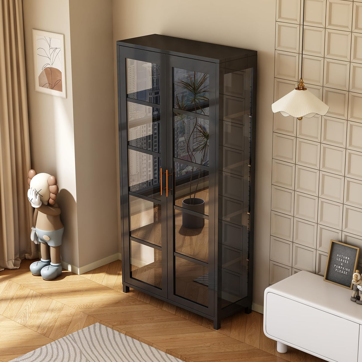 Display Cabinet with Glass Doors, 5-Tier Curio Cabinet with 4 Adjustable Shelves for Collectibles Toy Organizers Rack & Display Shelf, Kids Bookcase for Bedroom, Living Room, Reading Nook (Black) YGWBGA