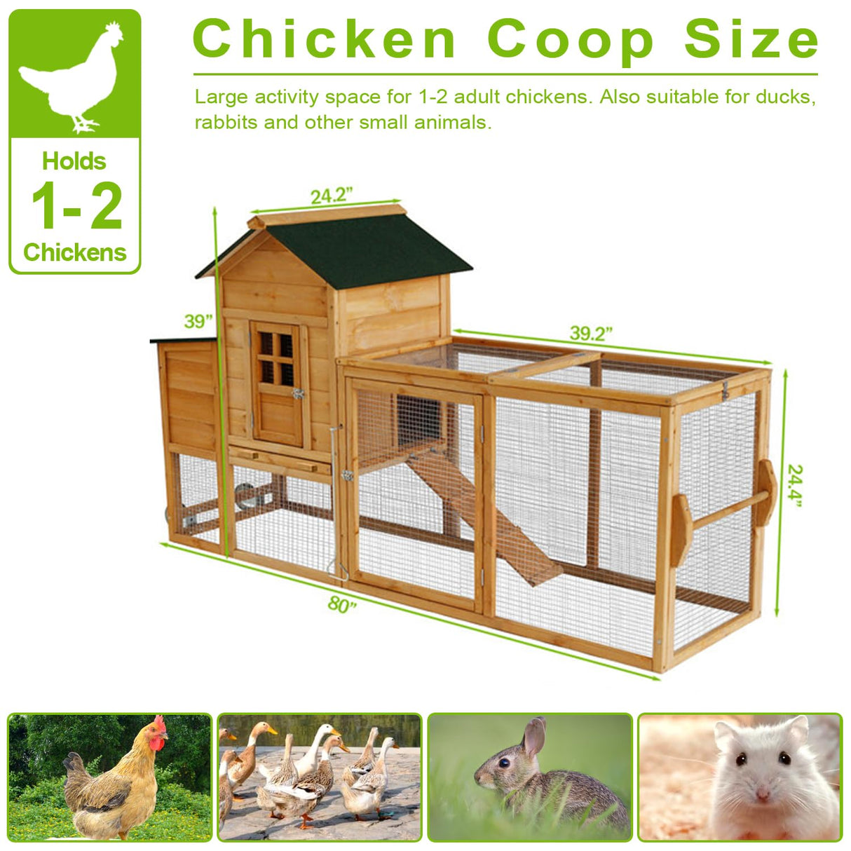 Ecolinear 80” Mobile Chicken Coop for 1-2 Chickens with Wheels,Outdoor Wooden Hen House with Nesting Box,Large Rabbit Hutch, Outside Poultry House,Wire Fence Run Cages,Weatherproof for Backyard,Wood ECOLINEAR
