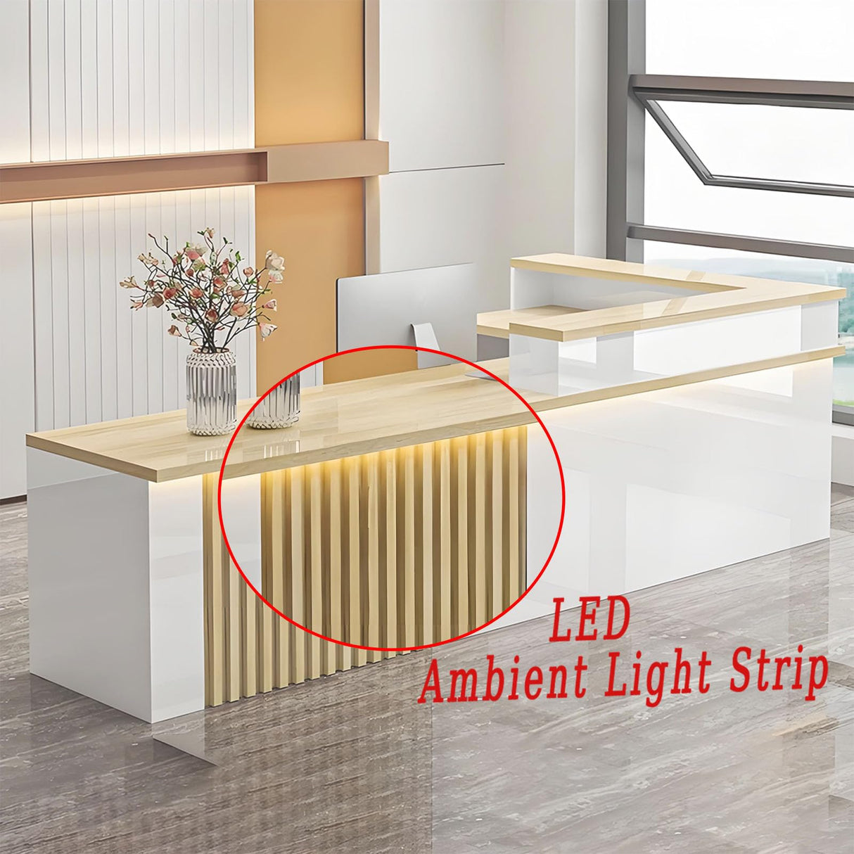 L Shaped Reception Desk,Modern Receptionist Desk with LED Lights & Lockable Drawer Retail Checkout Counter for Salon Reception Room Store Company Front Generic