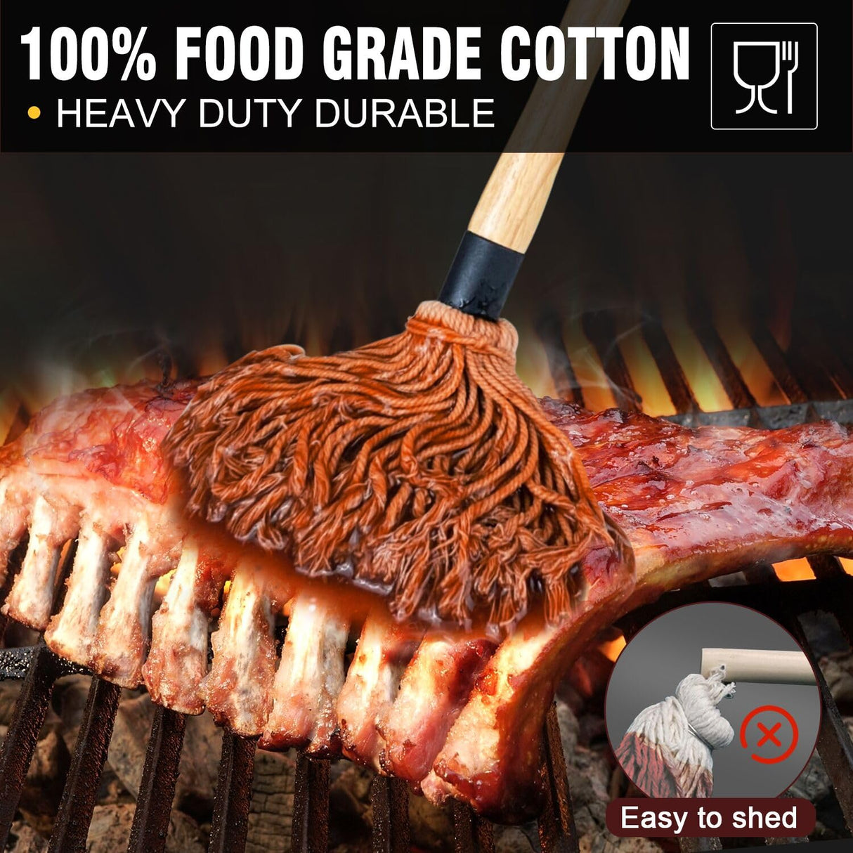 Walfos BBQ Mop Brushes for Sauce, Grilling Basting Mop Wooden Long Handle with 3 Heads, for Grilling, Barbecue, Smoking Steak (18") Walfos