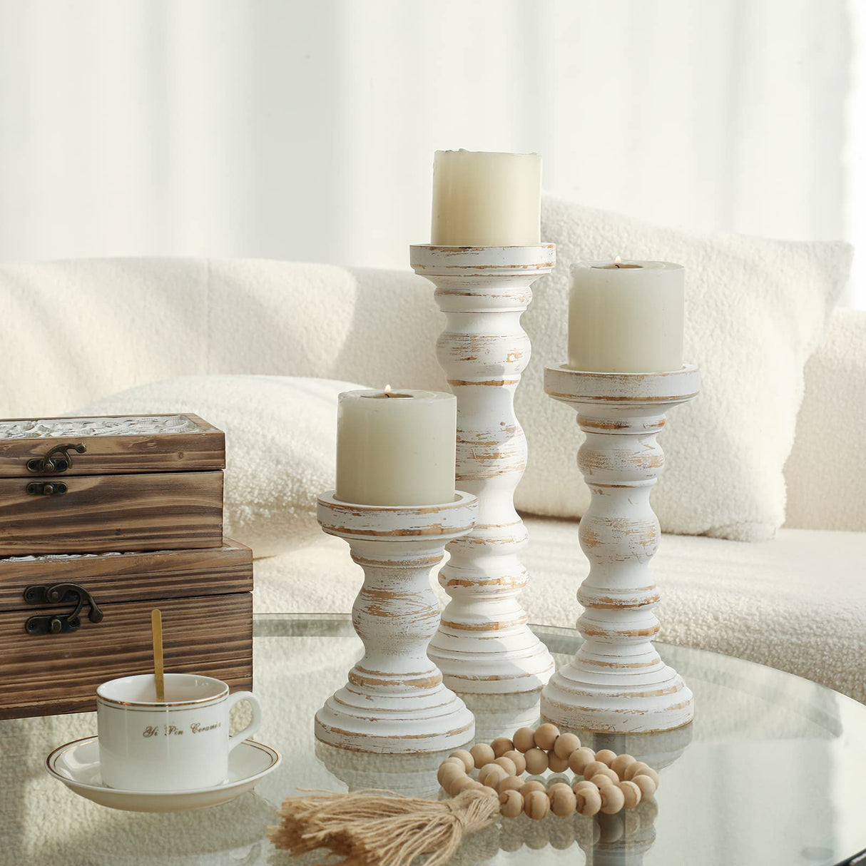 SwallowLiving Rustic Farmhouse Wood Pillar Candle Holder Set of 3 for Candlestick, White SwallowLiving