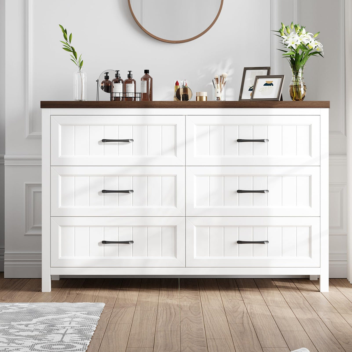Jocoevol Farmhouse Dresser 6 Drawer Dresser for Bedroom, Large Wooden Dressers Double Grey Dresser with Deep Drawers Dressers for Hallway, Entryway (White and Brown) Jocoevol