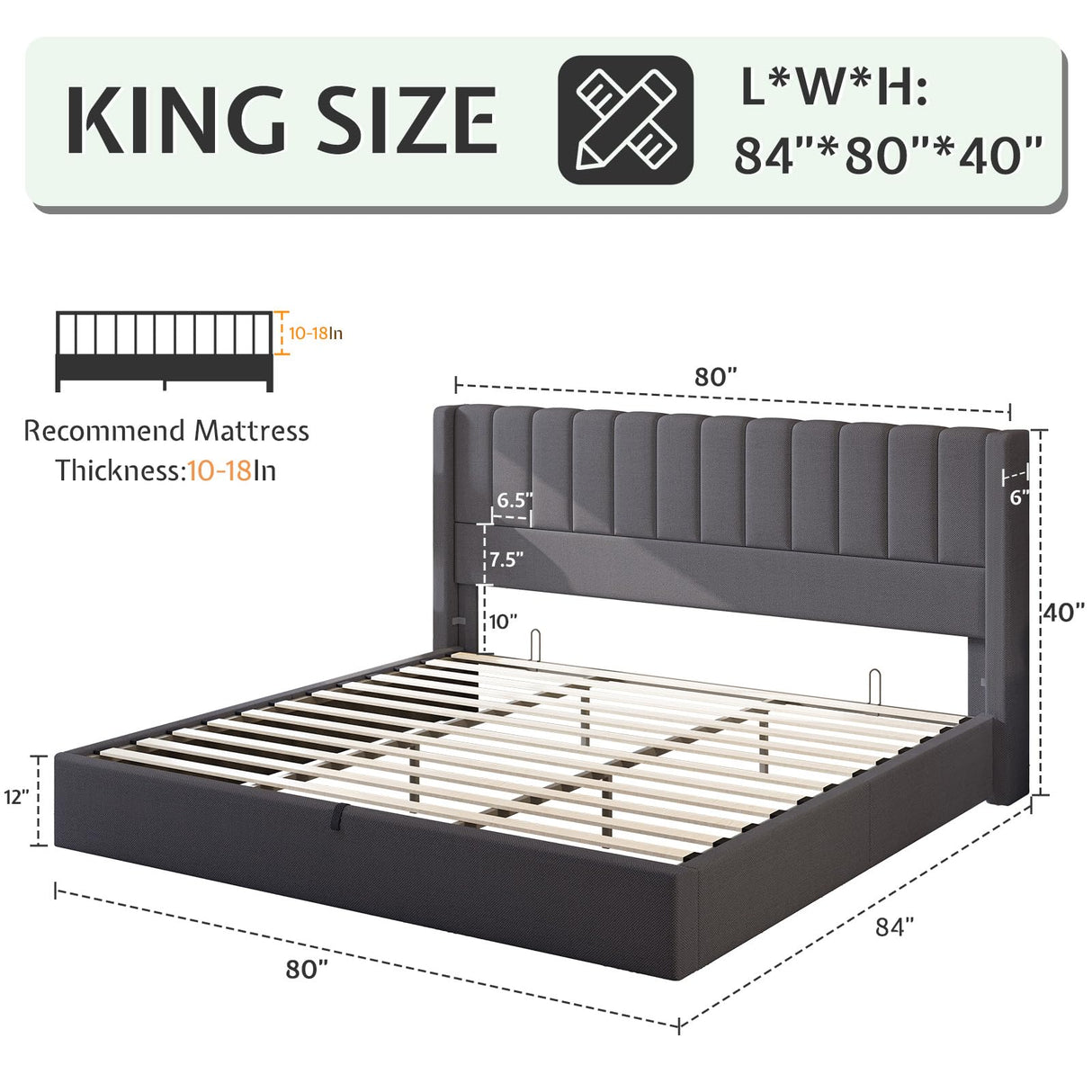 Jocisland King Size Lift Up Storage Bed Frame, Linen Upholstered Platform Bed with Vertical Channel Tufted Headboard and Wingback, Hydraulic System, No Box Spring Needed, Wood Slats Support, Dark Grey Jocisland