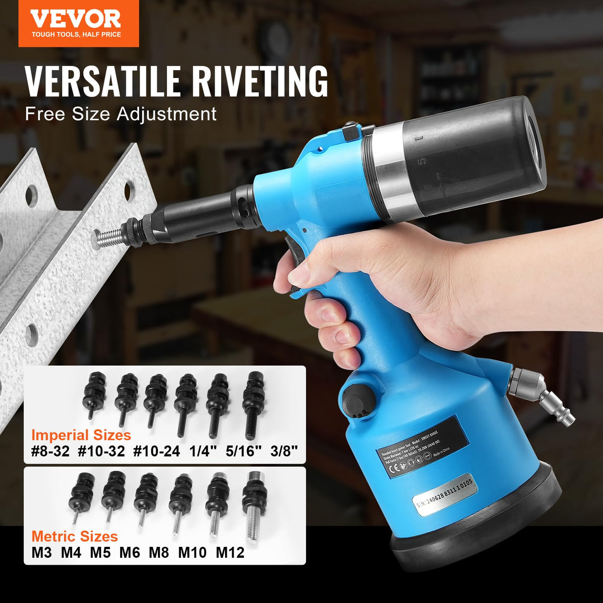 VEVOR Air Riveter, Pneumatic Air Riveter, 20.2KN Pulling Force Pop Rivet Gun Tool Kit, Heavy Duty Air Hydraulic Rivet Gun for Mechanic Tool, Construction, Home Improvement - With 13 Size Nose Pieces VEVOR