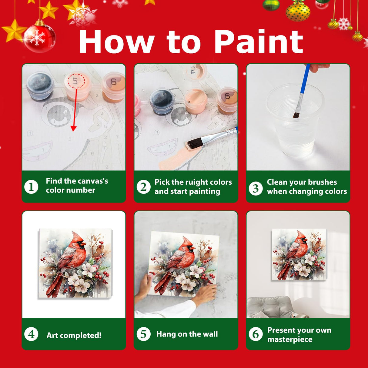 Christmas Paint by Numbers for Adults Framed, Cardinal Paint by Numbers Kit for Adults with Easel, Easy Crafts Painting by Number for Gift Home Decor 9.84x9.84 in hkejoi