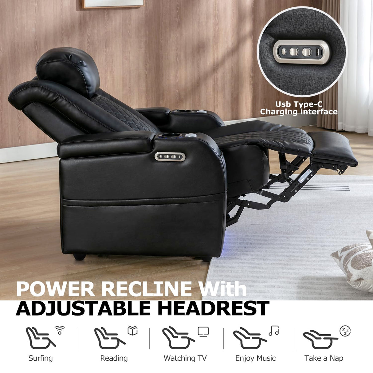 Sofa Recliner Home Theater Seating Seats, Movie Theater Chairs Theater Recliner with 7 Colors Ambient Lighting, Touch Reading Lights, Lumbar Pillow, Tray Table, Center Drop Down Console, Black Akeysous