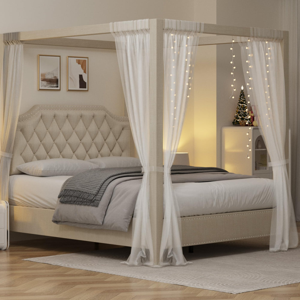 GarveeHome Upholstered Canopy Bed Frame Queen Size with Headboard, Button Tufted, Nailhead Trim Design, No Box Spring Required, Natural GarveeHome