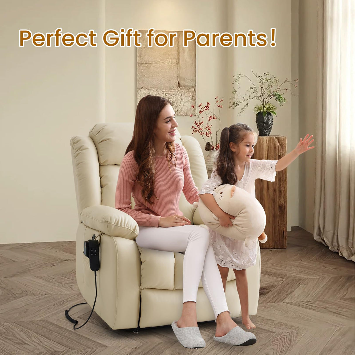 TEKAMON Power Lift Recliner Chair for Elderly with Heat & Massage, Dual Motor Breathable Leather Recliner, Lay Flat Sleeping Chairs with Infinite Position, RemoteControl(Beige, Extended) TEKAMON