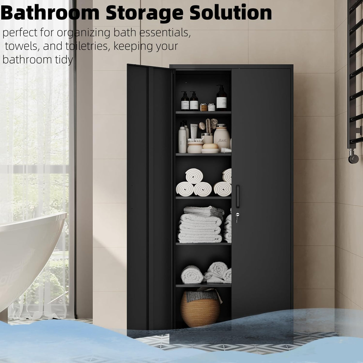 Guizeeopo Metal Storage Cabinet with 5 Adjustable Shelves, Garage Storage Cabinet with Doors and Shelves, File Cabinets for Home Office, Kitchen Pantry Cabinet, 71'H, Black Guizeeopo