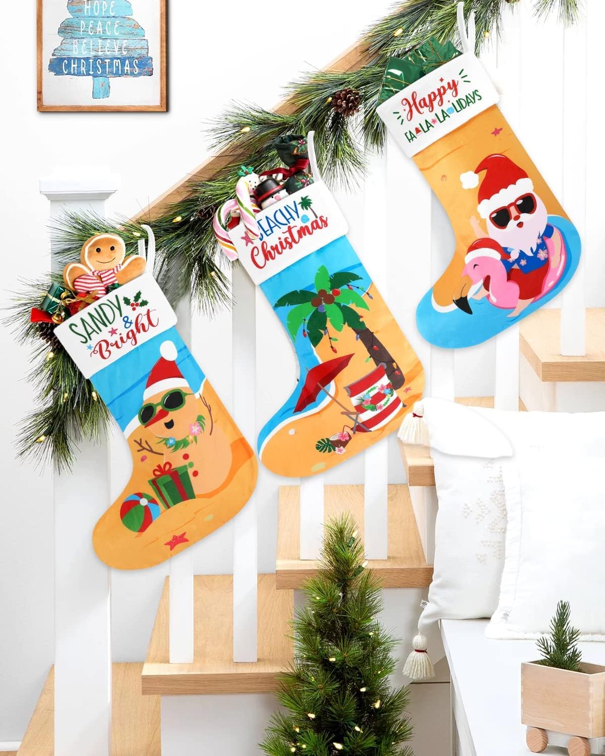 Vansolinne Beach Christmas Stockings 3 Pack 11'' x 17'' Coastal Christmas Decorations Funny Tree Hanging Ornament Bag Fireplace Hanging Soft Large Plush Socks with Santa Flamingo Palms Xmas Gifts Vansolinne