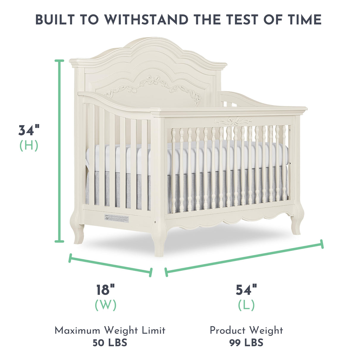 Evolur Aurora 5-In-1 Convertible Crib In Ivory Lace, Greenguard Gold Certified, Features 3 Mattress Height Settings, Sturdy And Spacious Baby Crib, Wooden Furniture, 832-FW Evolur