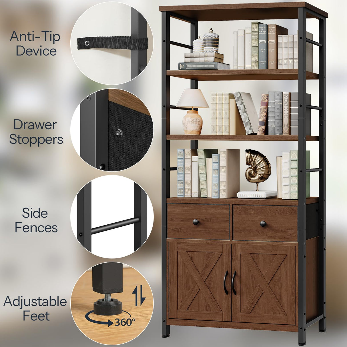 HOOBRO Bookshelf with Doors, Rustic Bookshelf with Drawers, Industrial Display Standing Shelf Units, Wooden and Metal Storage Shelf for Living Room, Home Office, Dining Room, Walnut and Black BH75SJ01 HOOBRO