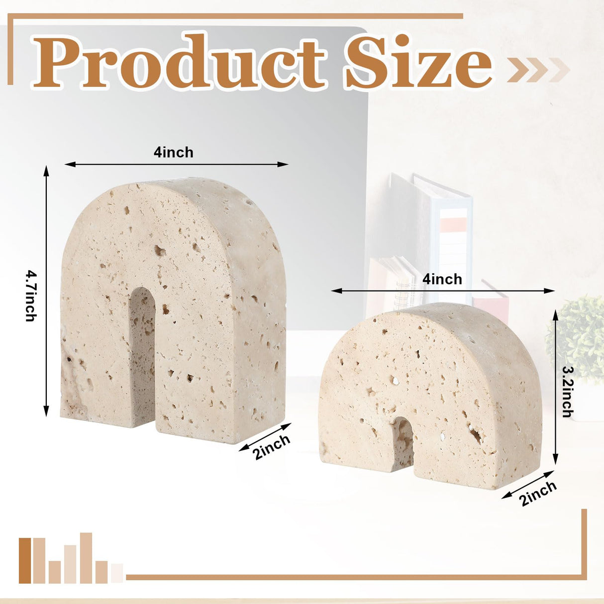 Newtay 2 Pcs Marble Bookends for Shelves 5 Inch and 3 Inch Natural Travertine Book Ends Decorative Stone Bookends Heavy Duty Marble Book Holder for Bookshelf Home Decor Newtay