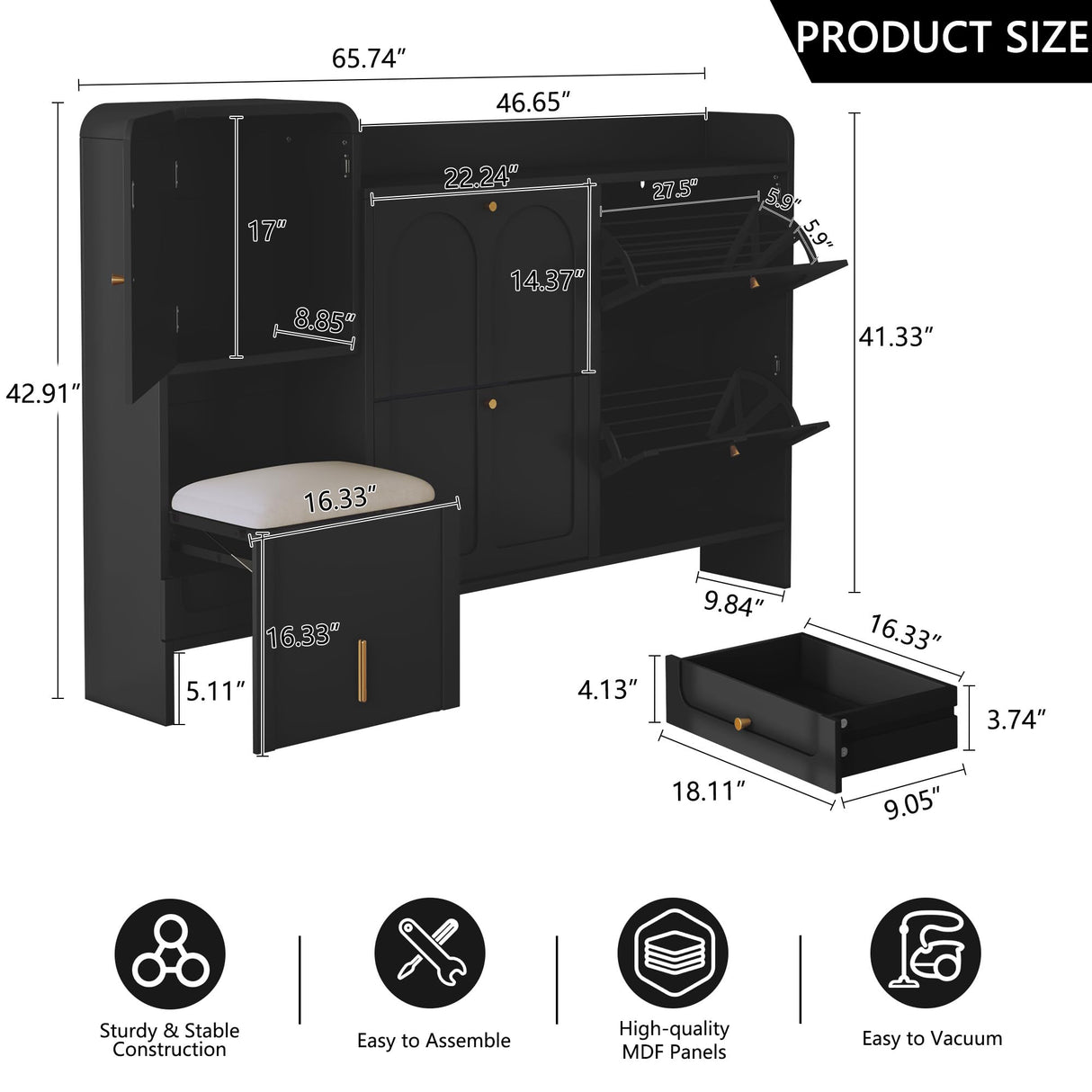 MOIANJI Modern Shoe Cabinet with 4 Flip Drawers, Large Shoe Storage Cabinet with Hidden Stool & Adjustable Shelves, Wood Shoe Rack Organizer for Entryway Foyer Hallway Living Room, Black MOIANJI