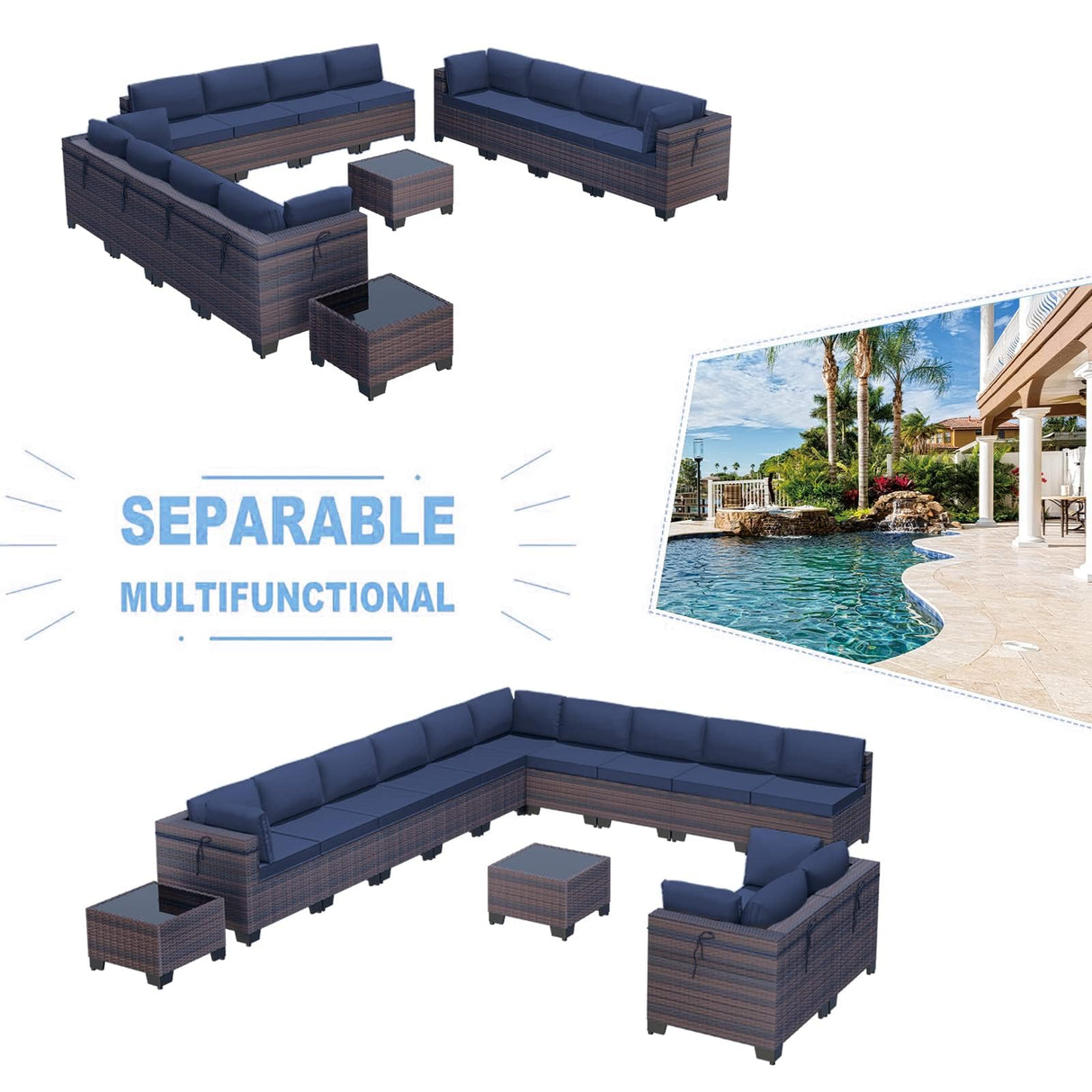 Kullavik 14PCS Outdoor Patio Furniture Set PE Wicker Rattan Sectional Sofa Patio Conversation Sets,Navy blue Kullavik