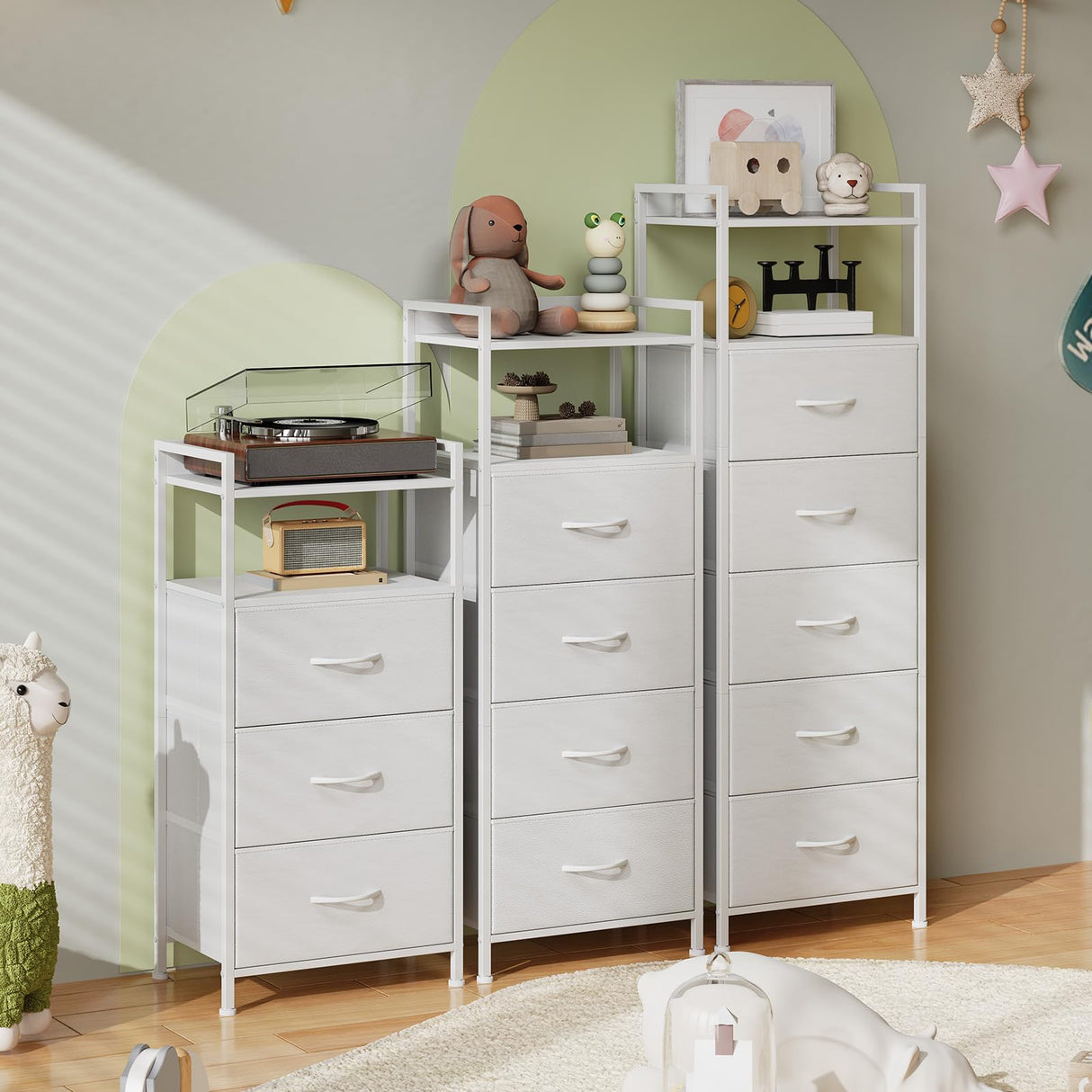 Somdot White Tall Night Stand for Bedroom,Tall 5 Drawers Dresser, Vertical Storage Tower Unit, Nightstand Furniture with Fabric Drawer Organizer in Bedside Kids Dorm Room Closet Laundry Entryway Somdot