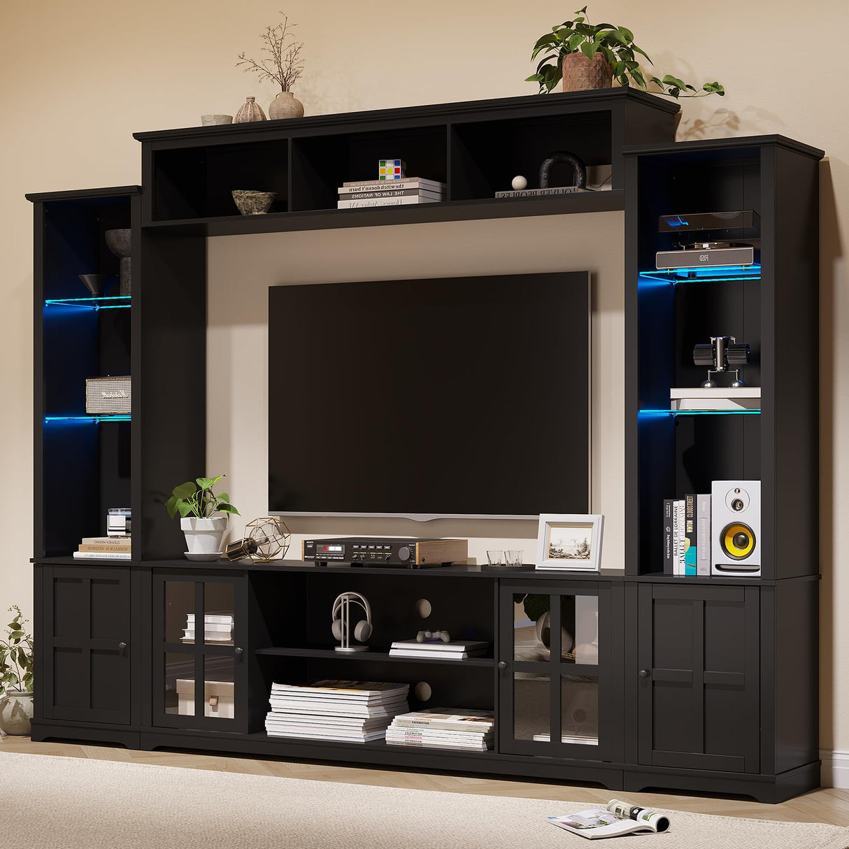MEISSALIVVE Wall Unit TV Stand with Storage & LED Lights, Large Entertainment Center with Bookshelves for TVs up to 75", Media Console for Living Room, Black MEISSALIVVE