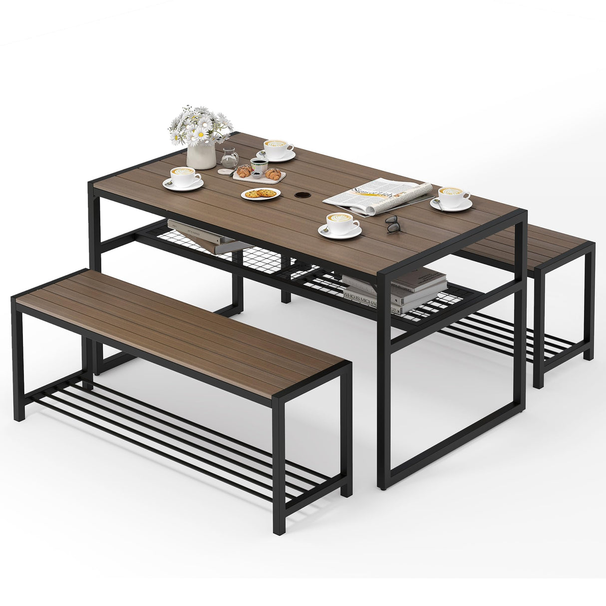 YITAHOME Patio Dining Set for 4-6 People, Outdoor Table and Bench Chairs with 2" Umbrella Hole and Storage Hollow Shelf, Picnic Conversation Set with 2 Benches for Garden Yard Porch, Brown YITAHOME