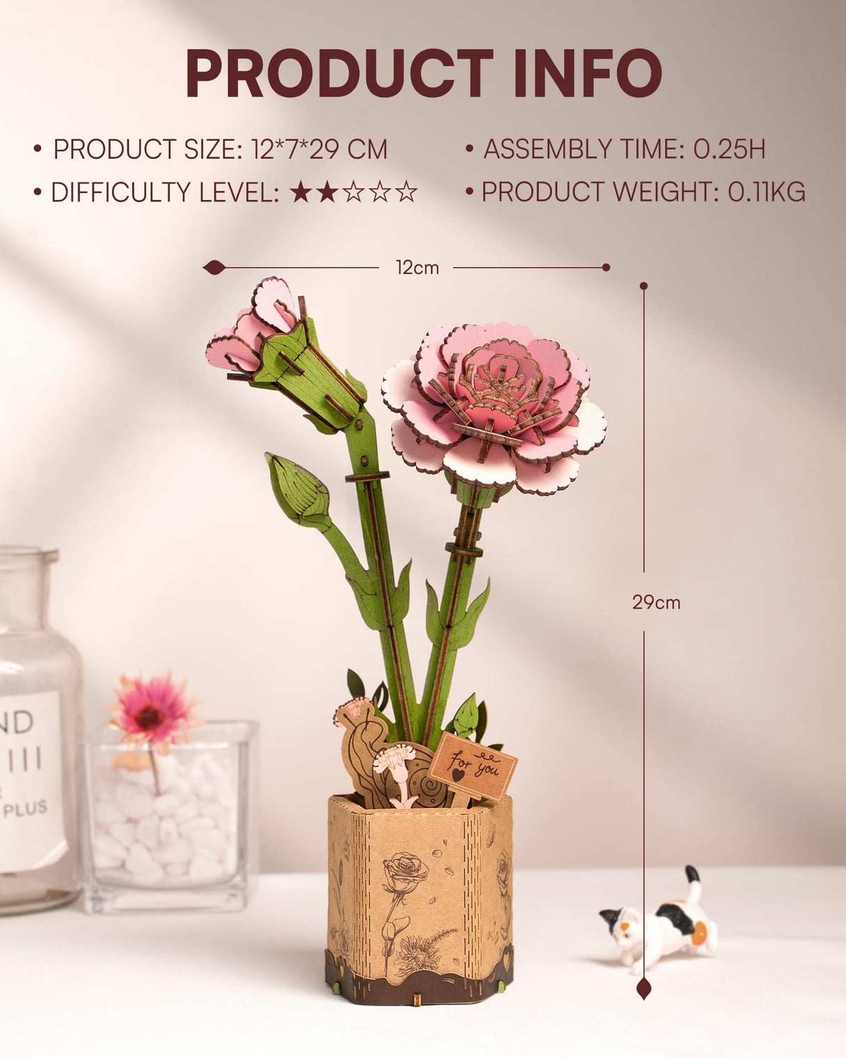 ROBOTIME 3D Puzzle Wooden Flower Pink Carnation DIY Model Kit to Build for Adults Artifical Bouquet Collection Craft Brain Teaser Puzzle Creative Gift Home Decor ROBOTIME