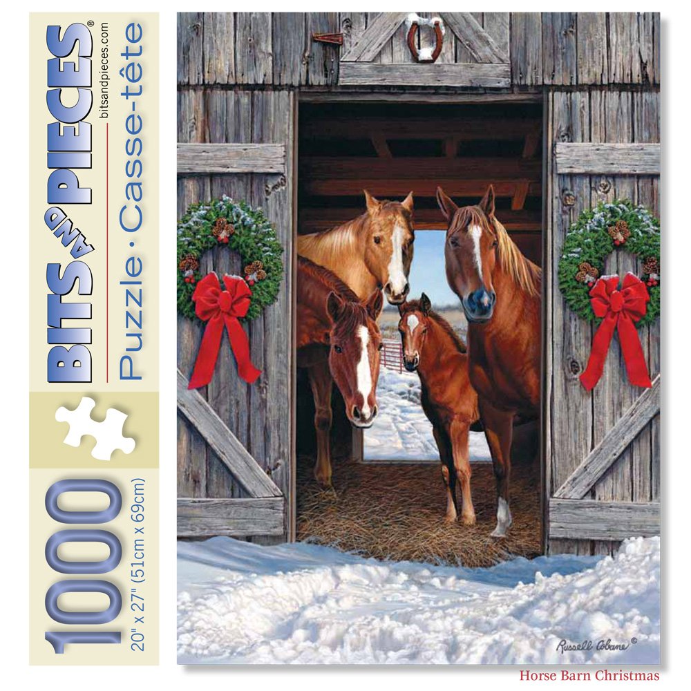 Bits and Pieces – 1000 Piece Jigsaw Puzzle for Adults – Horse Barn Christmas - Winter Holiday Scene Jigsaw Puzzle by Artist Russell Cobane, Completed Puzzle Size: 20" x 27" Bits and Pieces