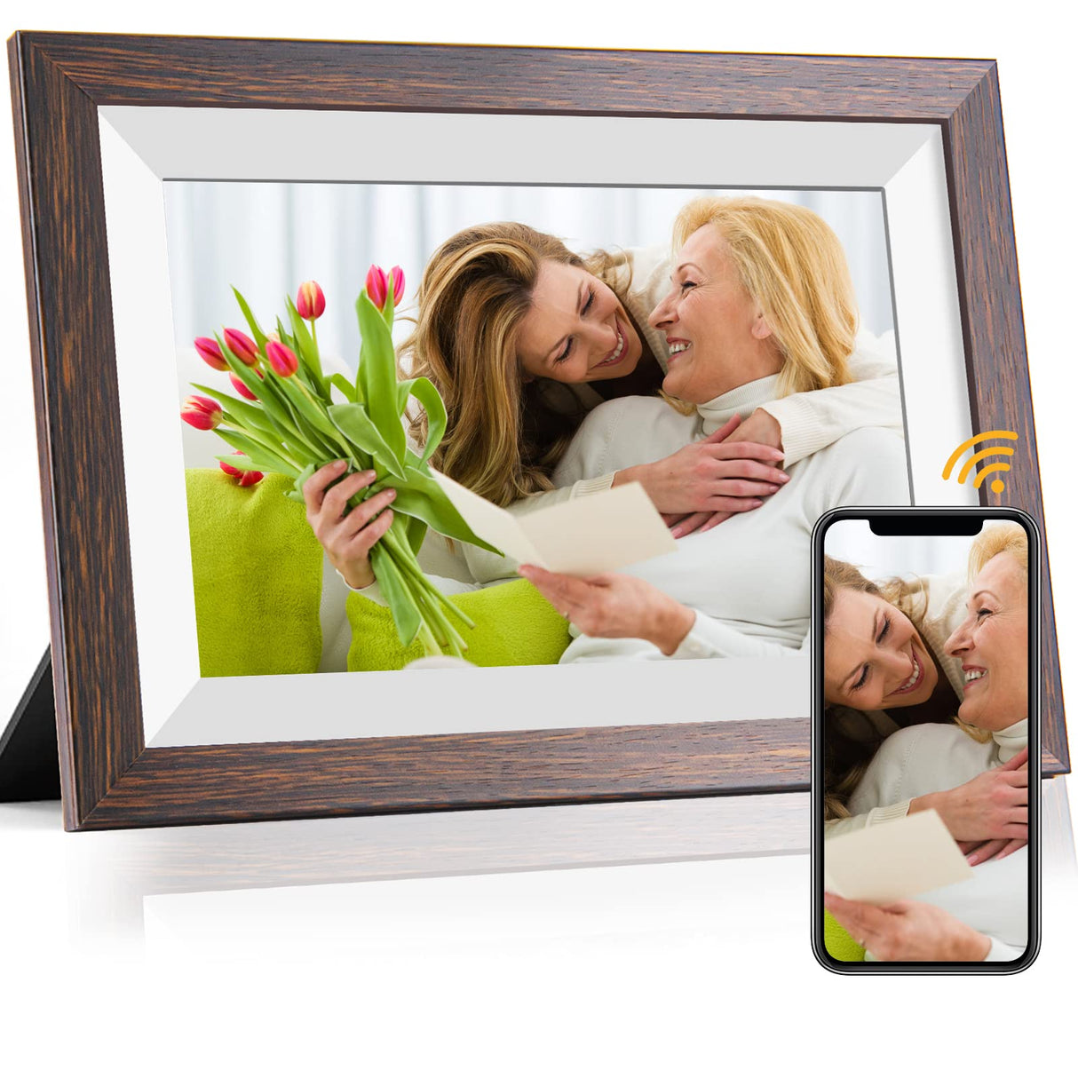 WiFi Digital Picture Frame 10.1 Inch Smart Digital Photo Frame with IPS Touch Screen HD Display, 16GB Storage Easy Setup to Share Photos or Videos Anywhere via Free Frameo APP (Brown Wood Frame) Weipan