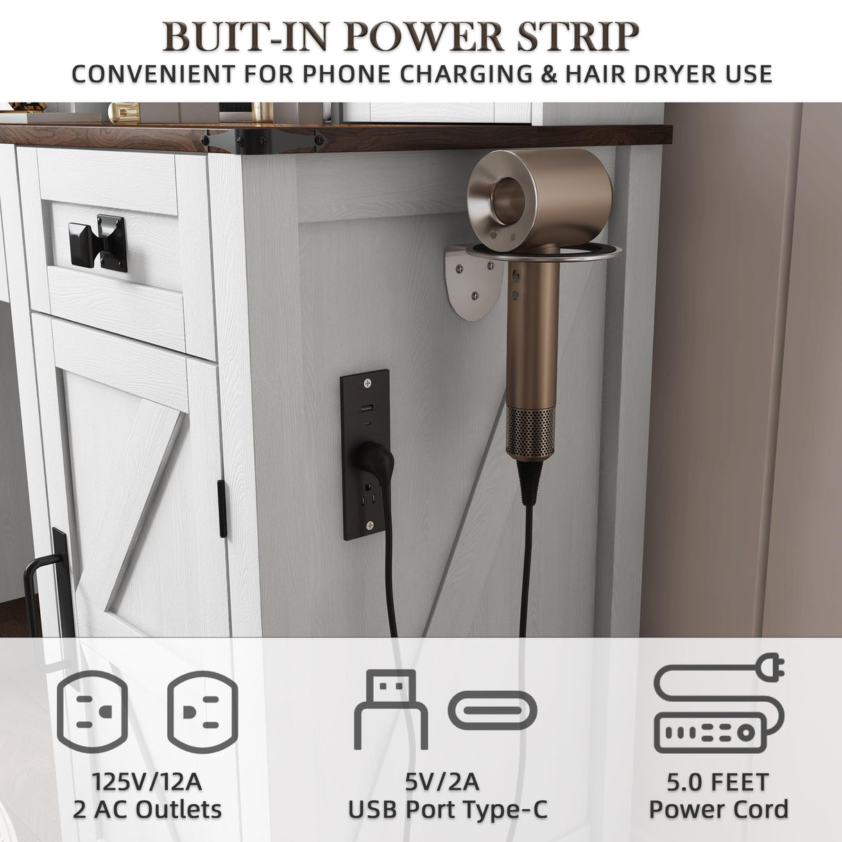 NEWBULAND Farmhouse Vanity with Mirror and Lights, 42" White Vanity Desk with 4 Drawers and Benches Makeup Table Set NEWBULAND