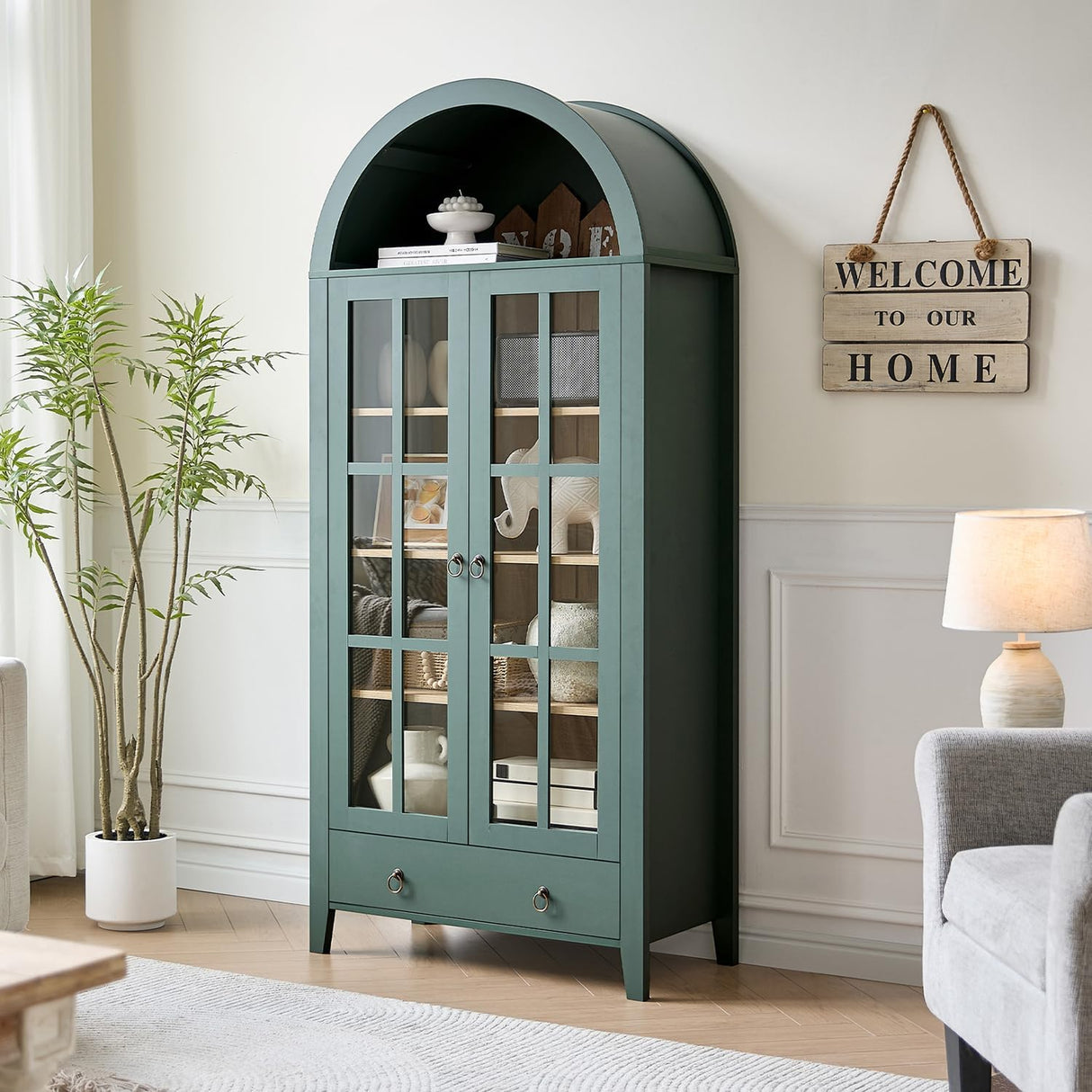 RowyPoey Farmhouse Arched Cabinet with Glass Doors, Wood Display Cabinet with Drawer and Adjustable Shelves, 71” Tall Bookshelf Modern China Storage Kitchen Pantry for Living Room,Office (Green) RowyPoey