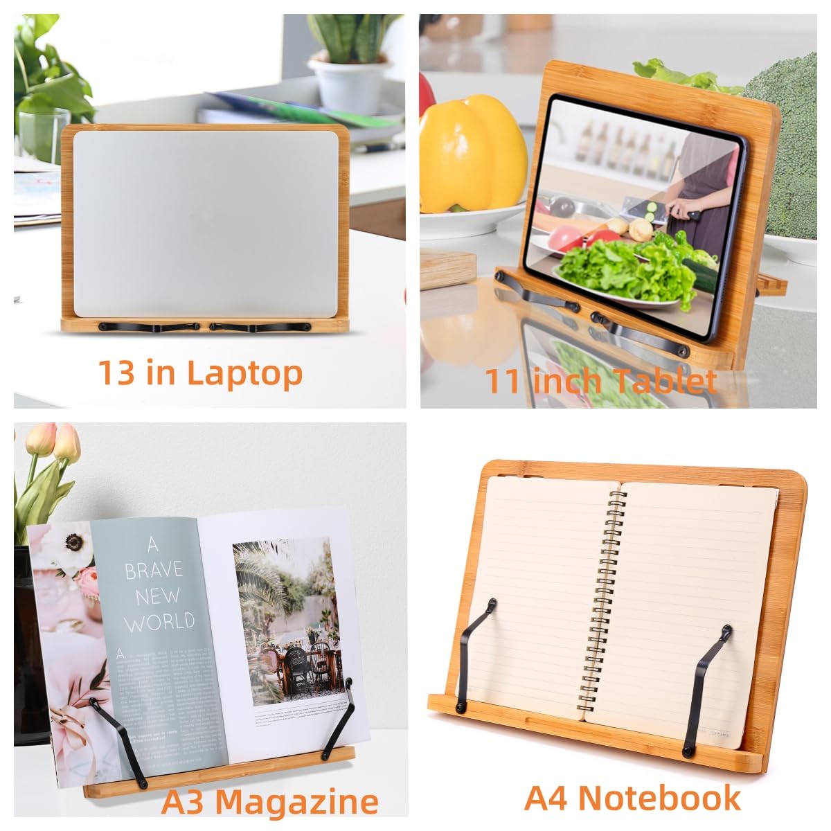 MEGREZ Book Stand for Reading (13.2 x 9.4 inch) Bamboo Cookbook Stand Holder for Kitchen, Adjustable Book Holder Stand for Tablet/Textbook Holder/Hollow Bookrest Stand, Butterflies MEGREZ