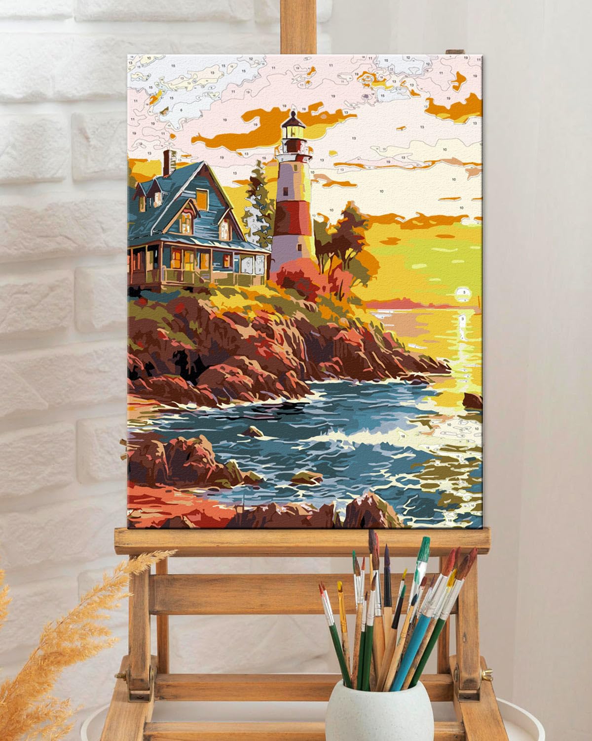 TOCARE Framed Paint by Numbers Kit for Adults, 12x16Inch Lighthouse Paint by Numbers with Frame, Sunset Beach Paint by Number Framed Canvas Seascape Nature Scenery(Without Easel) TOCARE