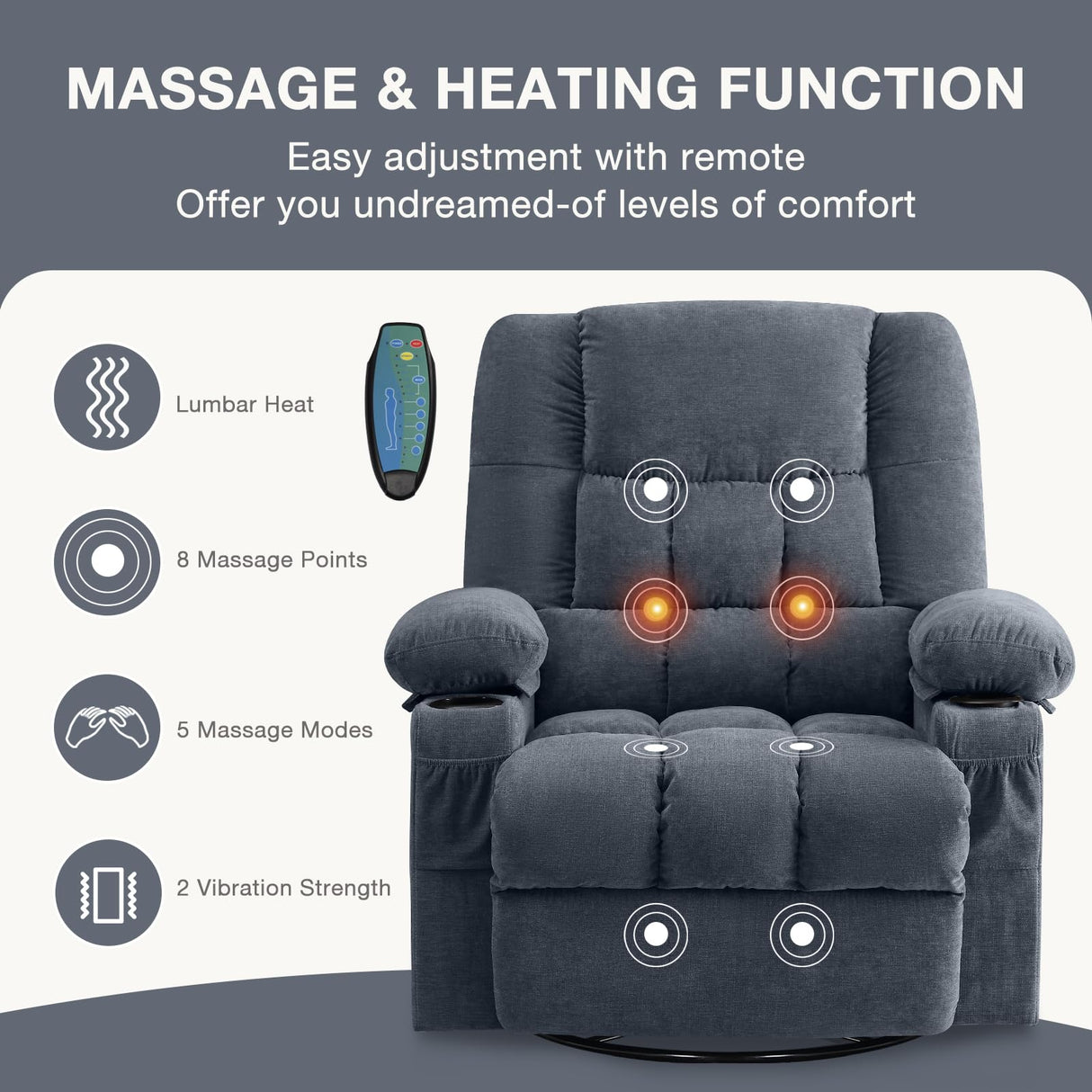 BOSMILLER Massage Swivel Rocker Recliner Chair with Vibration Massage and Heat Ergonomic Lounge Chair for Living Room with Rocking Function and Side Pocket, 2 Cup Holders, USB Charge Port BOSMILLER