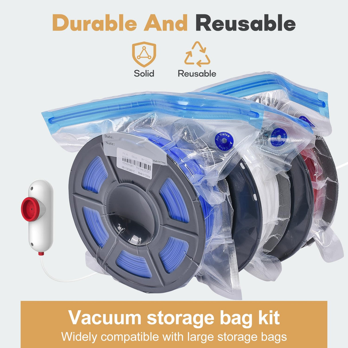 Vacbird 3D Filament Storage Bags Kit with Portable USB Pump, 20 Pack Vacuum sealling Bags, Keep Dry and Dust Proof Vacbird