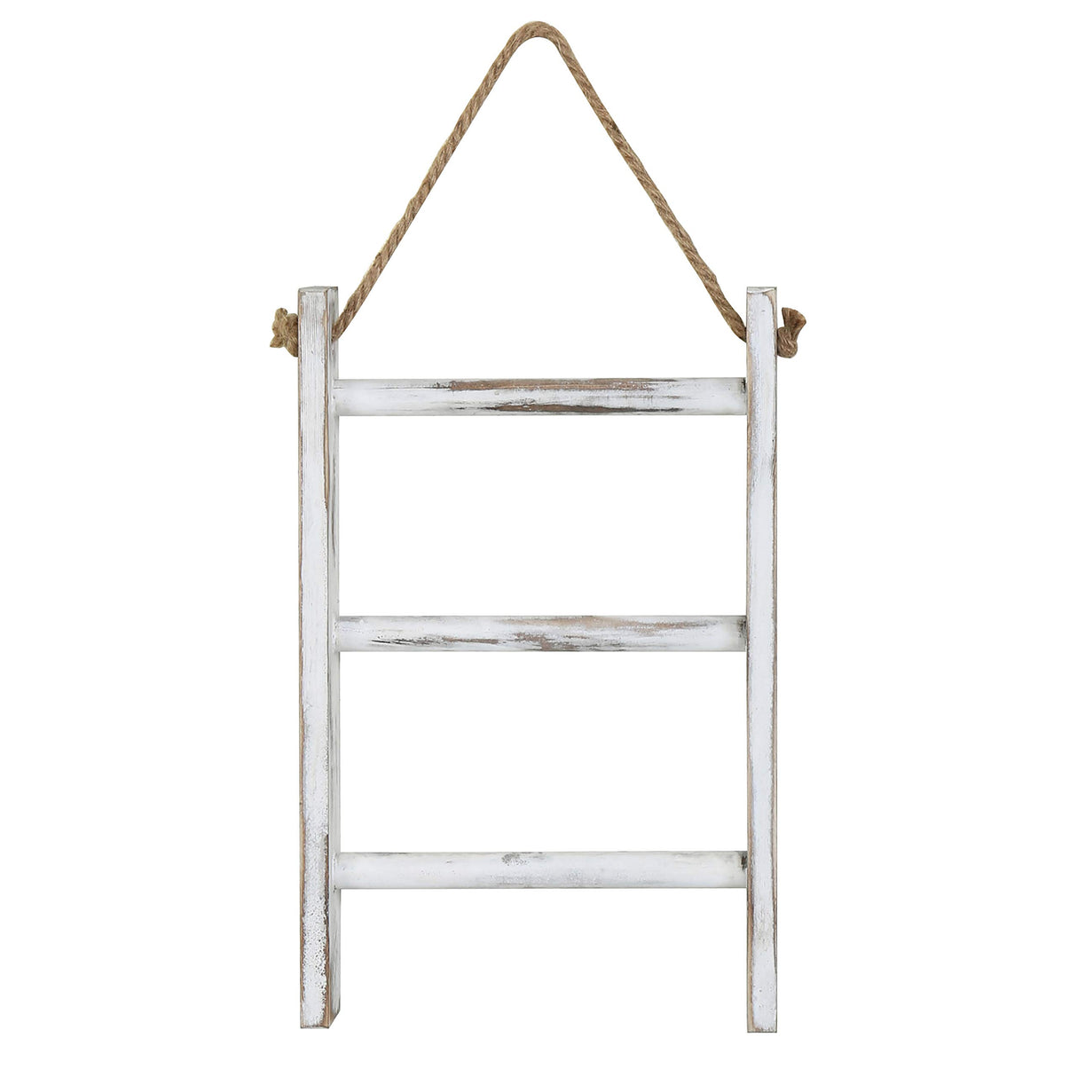 MyGift Rustic Whitewashed Solid Wood Wall Hanging Hand Towel Ladder Drying Rack, 3 Tier Bathroom Washcloth Hand Towel Storage Rack with Hanger Rope MyGift