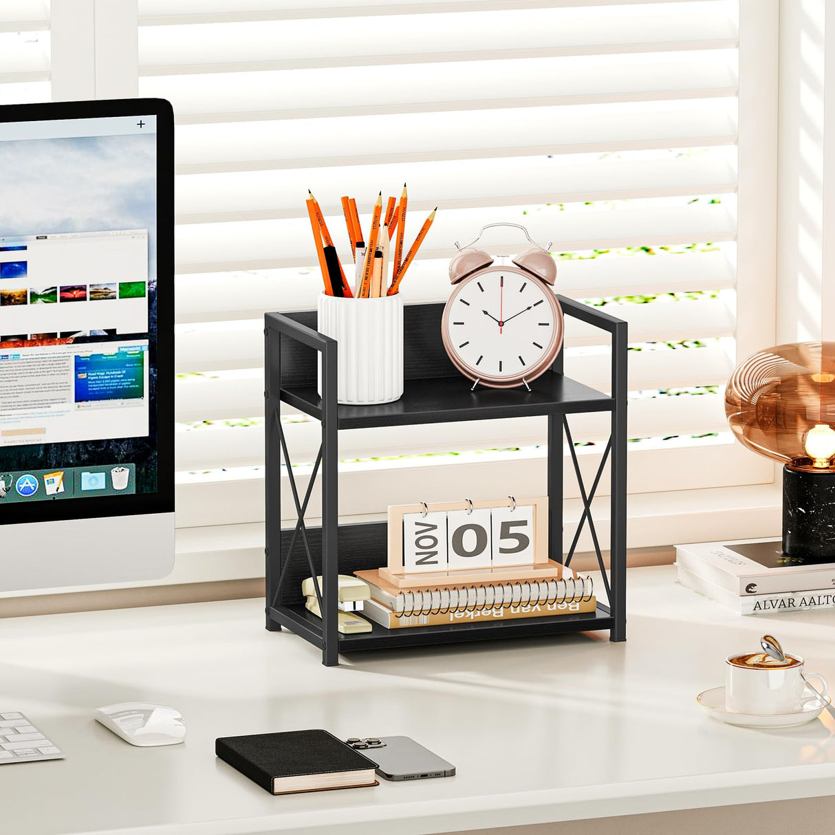 Giikin Countertop Organizer, 2 Tier Coffee Station Organizer for Desktop, Wood Counter Shelf Spice Rack for Kitchen (Black, M) Giikin