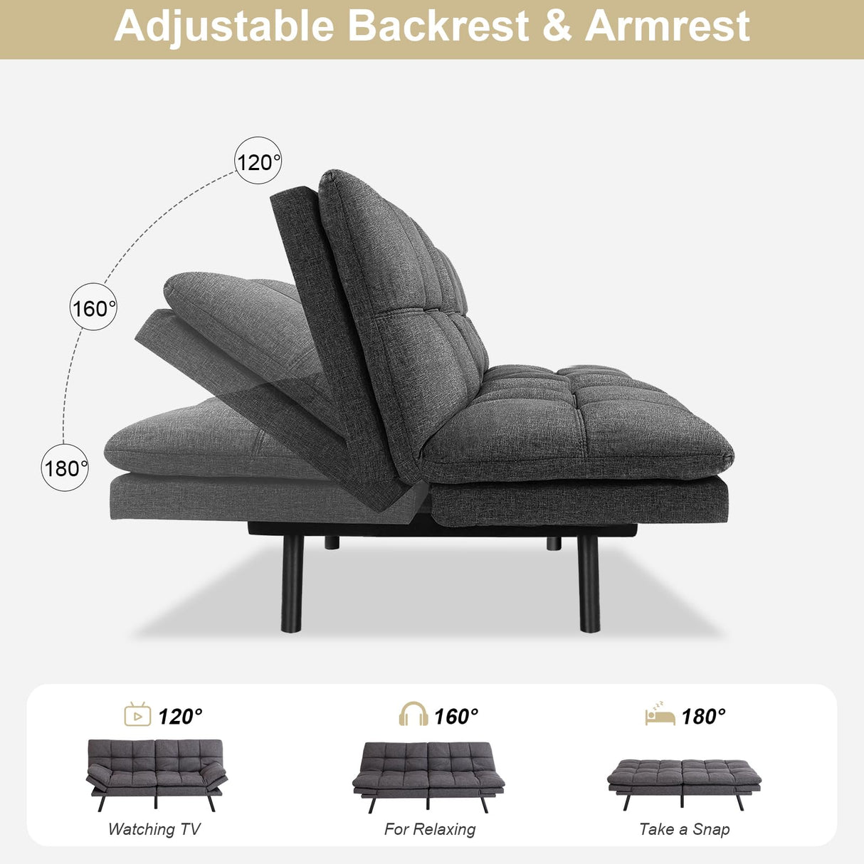 MUUEGM Futon Sofa Bed Memory Foam Small Loveseat Sleeper Sofa Dark Grey with Adjustable Backrest Removable Armrests for Small Space Office Couch,Living Room,Apartment MUUEGM