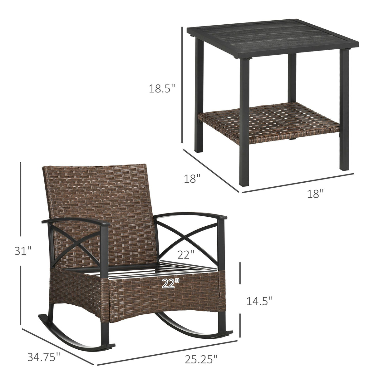 Outsunny 3 Piece Patio Rocking Chair Set, Outdoor Wicker Bistro Set with 2 Cushioned Porch Rockers and 2 Tier Coffee Table for Garden, Porch, Backyard, Blue Outsunny