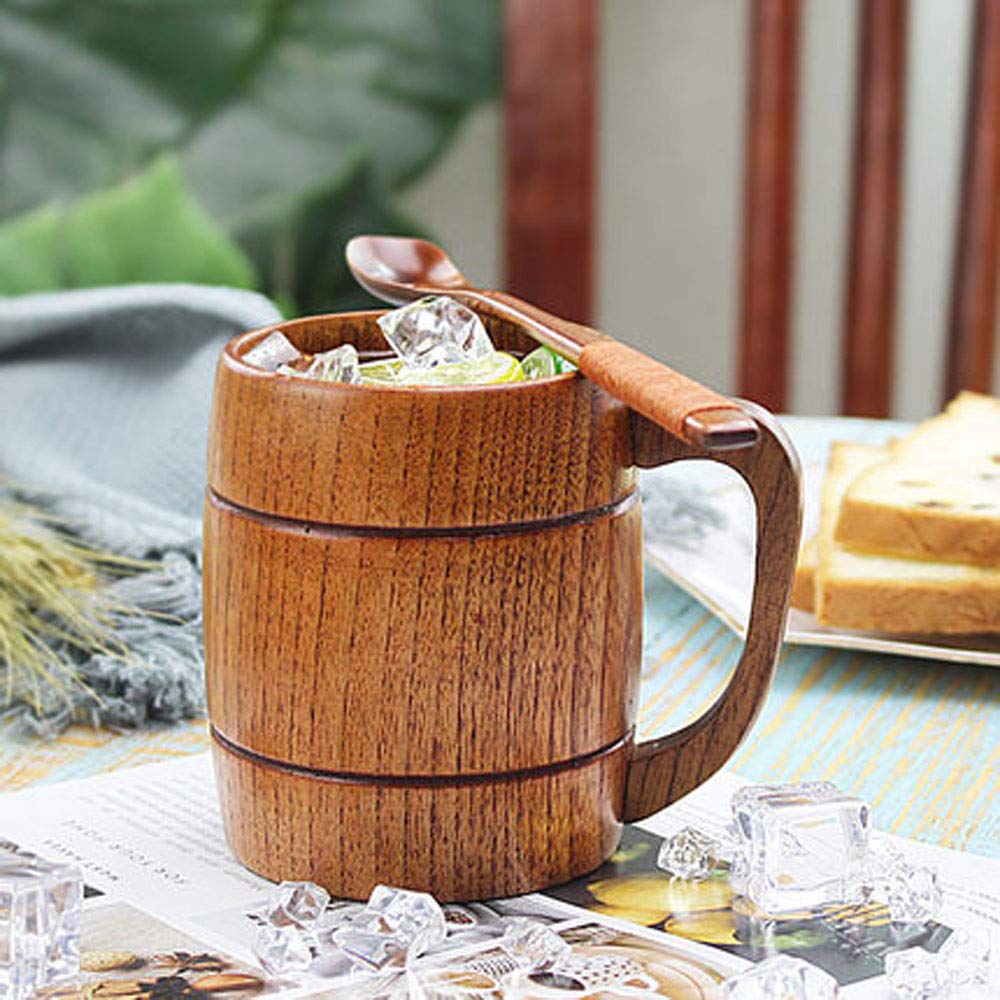 Wooden Beer Mugs,Top Grade Natural Handmade Retro Brown Wood Cup with Handle for Drinking Tea Coffee Wine Beer Hot Drinks,350 ML Wooden Tankard for Men/Women CLELO