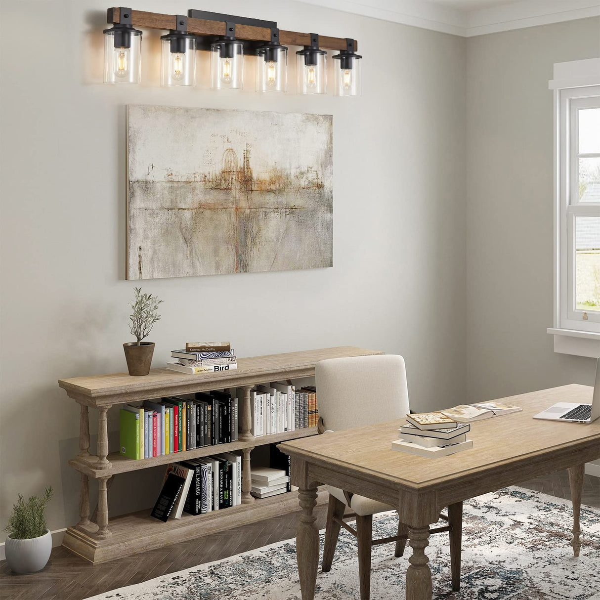 DADUL 6-Light Bathroom Vanity Light, Farmhouse Bathroom Light Fixtures Over Mirror, Classic Wood Vanity with Clear Glass Shade, Black Wall Sconce for Bathroom, Bedroom DADUL