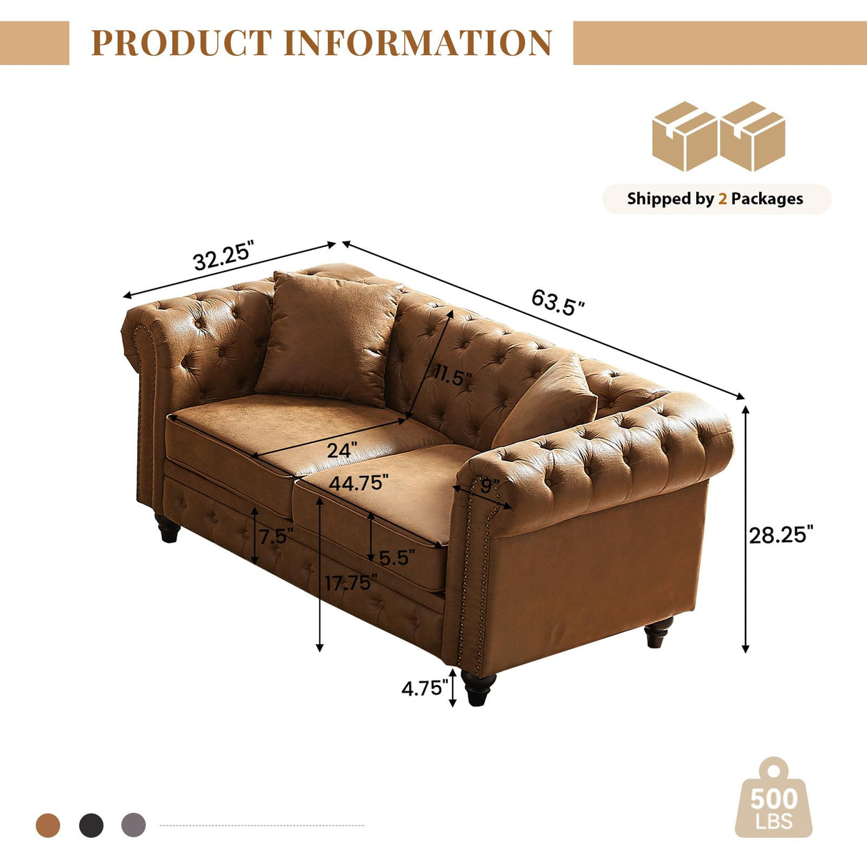 Modern Chesterfield Sofa Couch, 63.5-inch Tech Fabric Loveseat Sofa with Rolled Armrests and Tufted Button for Living Room, Office, Brown Antetek