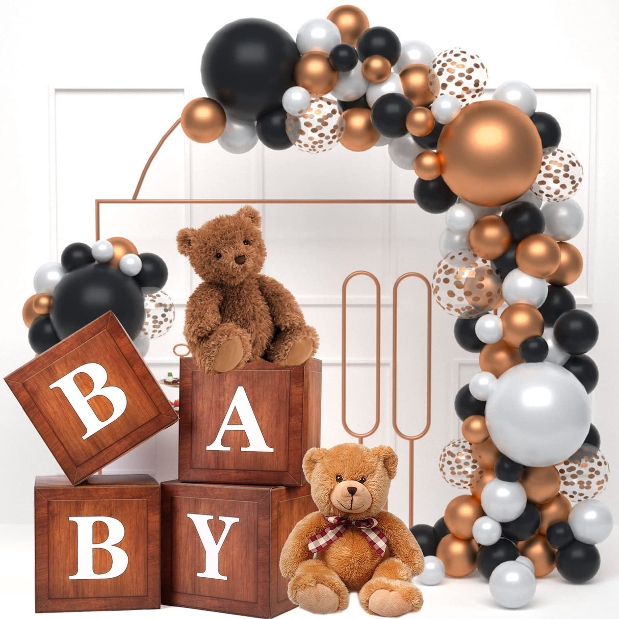 Wood Baby Shower Boxes Party Decorations - 4 Wood Grain Brown Blocks with Printed BABY Letters, Gender Reveal Backdrop,Teddy Bear Baby Shower Supplies, First Birthday Centerpiece Decor WLMALL