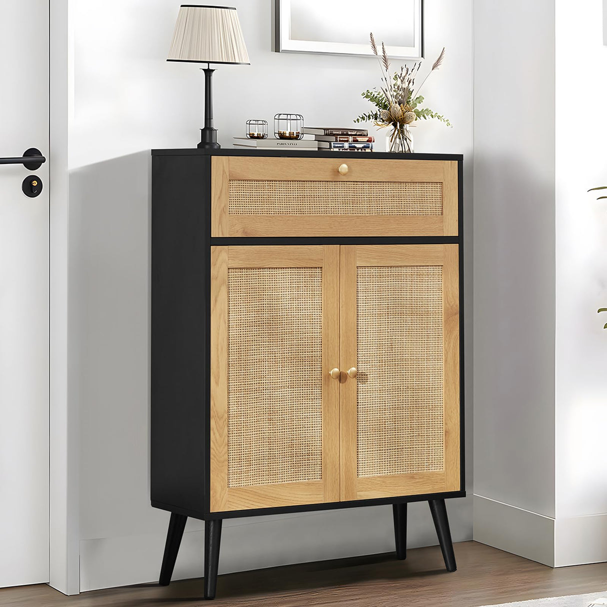 Iwell Storage Cabinet with Adjustable Shelf, Rattan Cabinet with Large Drawer, Sideboard Buffet Cabinet with Storage, Accent Cabinet, Bathroom Storage Cabinet for Dining Room, Entryway, Bedroom, Black Iwell