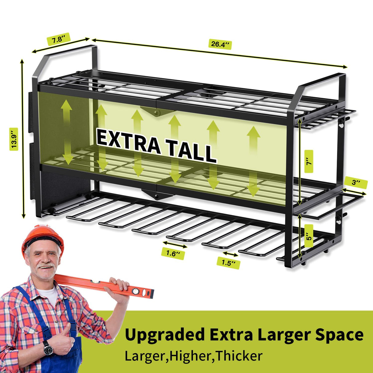 BCJJ Power Tool Organizer Wall Mount with Charging Station, Heavy Duty Steel, 3 Shelves, Black, 26.37 x 7.87 x 14.14 inches, Garage, Workshop, Shed, Tool Room BCJJ