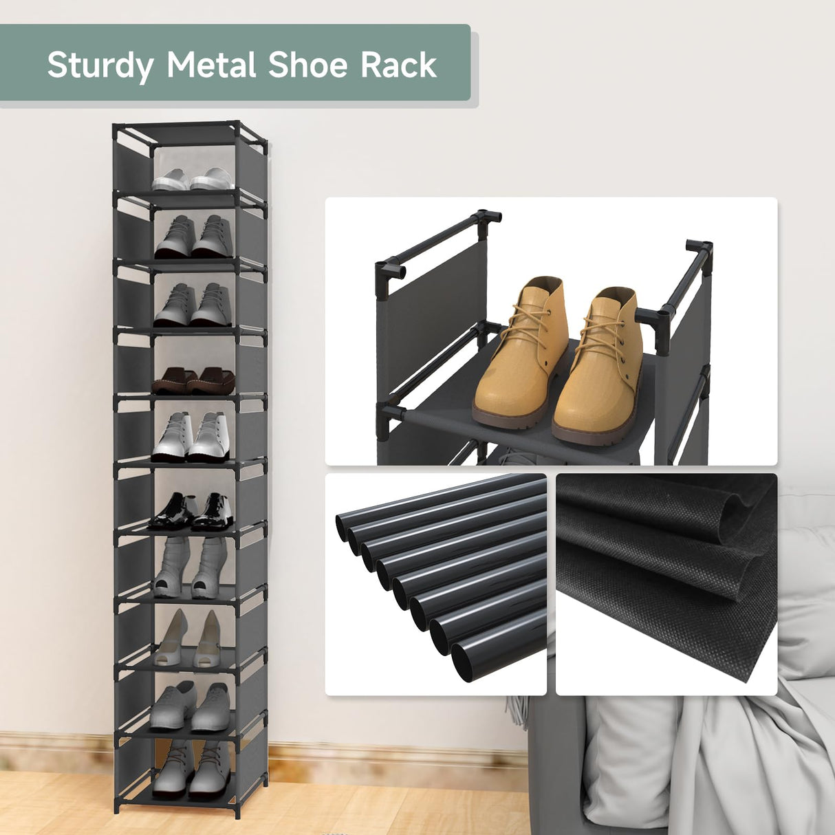 isightguard Vertical Narrow Tall Shoe Rack for Front Door Entrance,10 Tiers Sturdy Metal Shoe Rack Organizer for Closet Entryway, Storage Shelf, Space Saving Stackable Shoe Tower isightguard