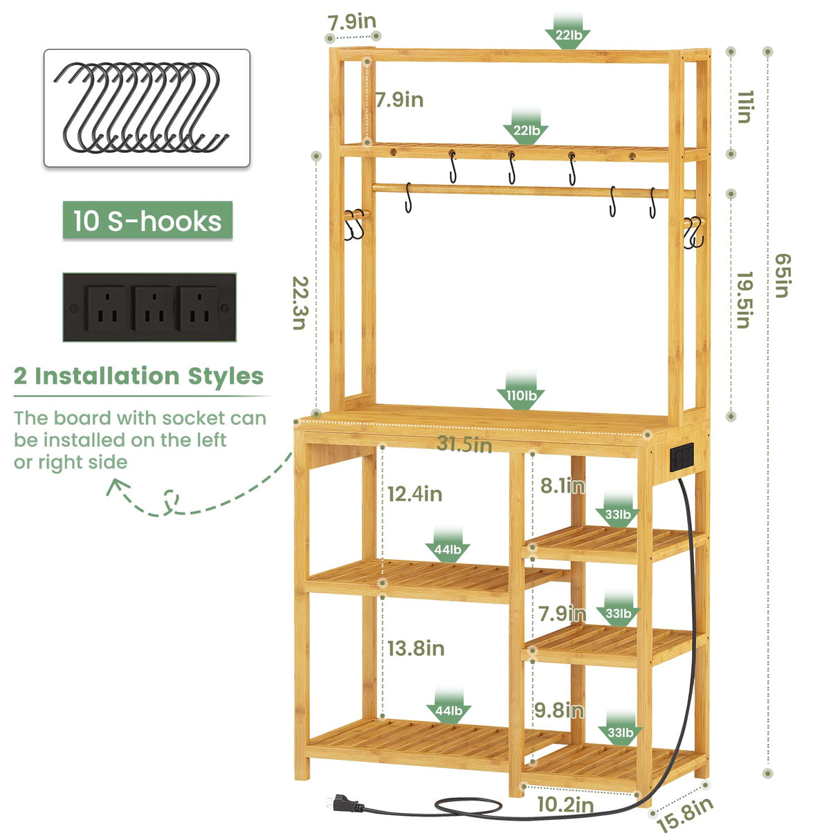 FORABAMB 8-Tier Bamboo Bakers Rack with Power Outlets and S-Shaped Hooks FORABAMB