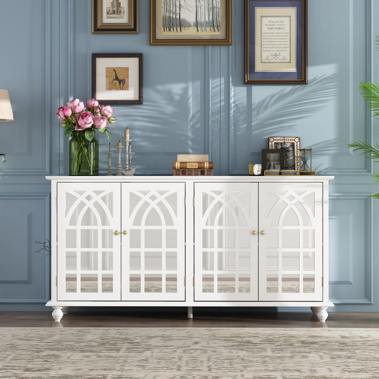 MOUMON Credenza Buffet Sideboard with 4 Acrylic Doors and Shelves, Buffet Table Sideboard Storage Cabinet with Wooden Legs, for Living Room White (63”W x 15.7”D x 31.5”H) MOUMON