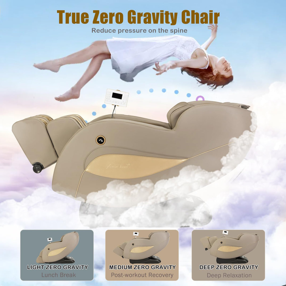 Artist hand Massage Chair Full Body, Zero Gravity Massage Chair SL-Track Shiatsu Massage Recliner Chair with 12 Modes, Bluetooth Speakers, Body Scan, Heating, Foot Roller, AI Control, Airbags, Khaki Artist hand