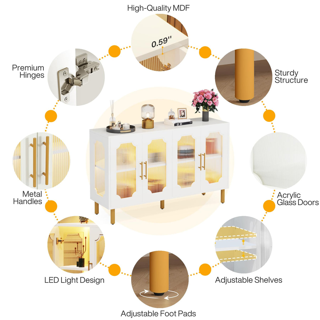 Tribesigns 55" Accent Cabinet with 4 Doors and Shelves, Modern Credenza Storage Cabinet with Acrylic Glass Doors, White Display Cabinet for Living Room, Bedroom, Kitchen, Dining Room, Hallway Tribesigns