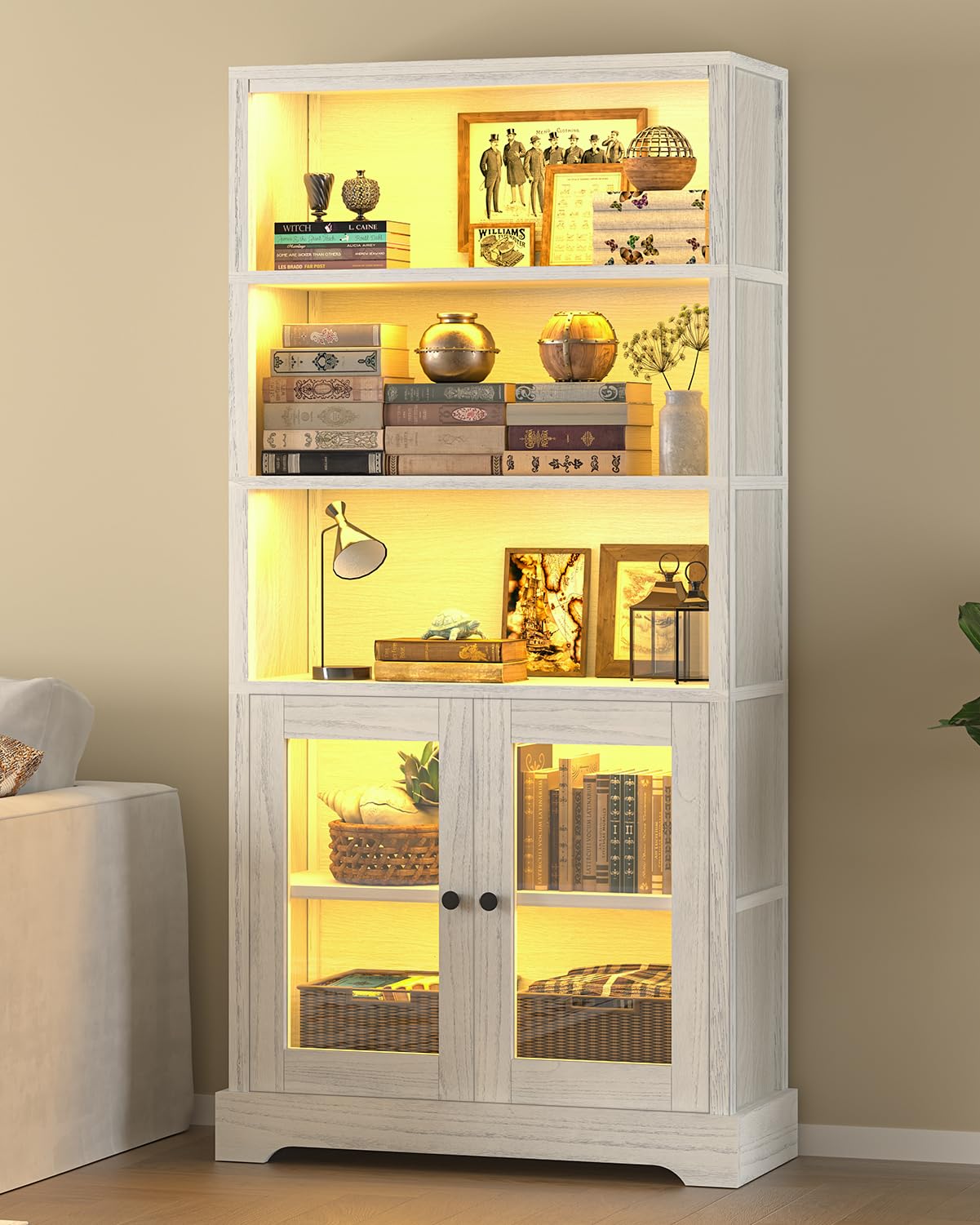 TVU 5-Tier Bookcase with Cabinet & LED, Wood 65 Inch Tall Bookshelf with Storage, Floor Standing Display Book Shelf for Living Room, Office, Study, Entryway (Antique White) TVU