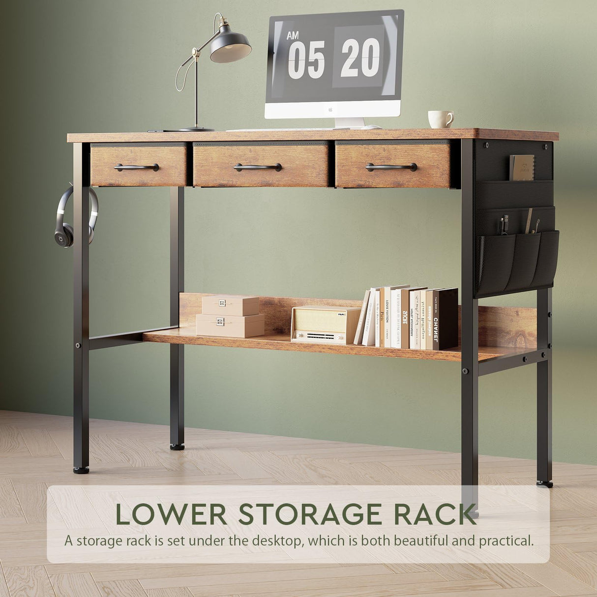 Maihail Small Desk with Drawers for Bedroom, Small Vanity Desk Without Mirror, 39.5inch, Writing Desk with Bookshelf, Computer Desk with Storage Drawers, Vanity Table no Mirror Rustic Brown Maihail