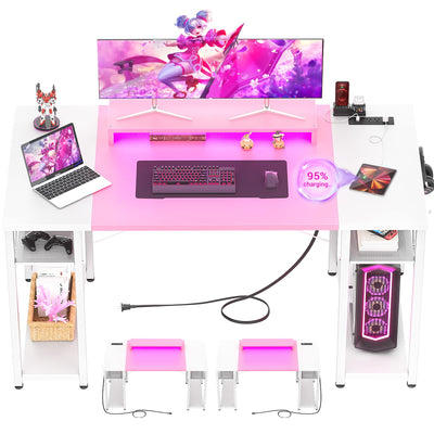 armocity Computer Desk with LED Lights, 55 Inch Desk with Power Outlet and USB, Reversible Large Desk with Moveable Monitor Stand, 55.2'' Gaming PC Table for Home Office, Workstation, Pink and White