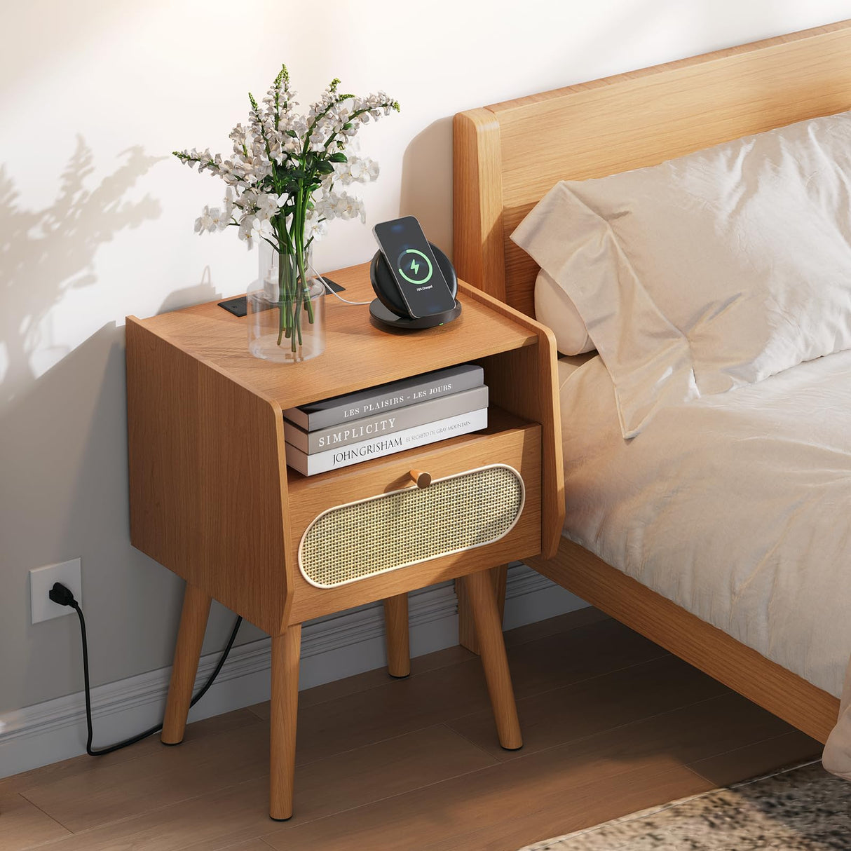 JOINICE Night Stand Set 2, Mid Century Modern Bedside Table with Charging Station & Rattan Decor Drawer, Boho End Table with Storage & Solid Wood Feet for Bedroom, Cherry JOINICE